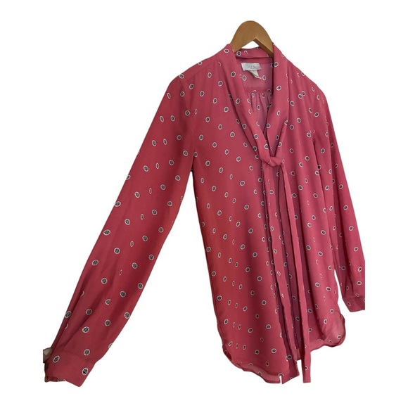 LOFT Rose Pink Dot Tie Neck Bow Tunic Blouse Top XS Oversized Fits Small - Picture 5 of 8